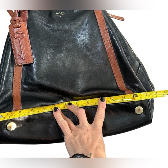 Fossil 2 in One Tote Expandable Black Brown Goat Hide Leather Side Zippers - Picture 10 of 11